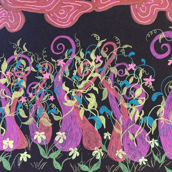 Unframed Original Art Drawing Fantasy Garden Illustration w Flowers & Vines - Picture 4 of 5